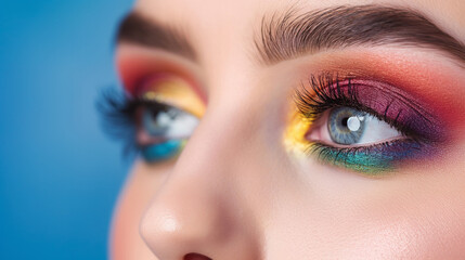 Fototapeta premium Close up of a woman's eye with colorful eyeshadow against a blue background