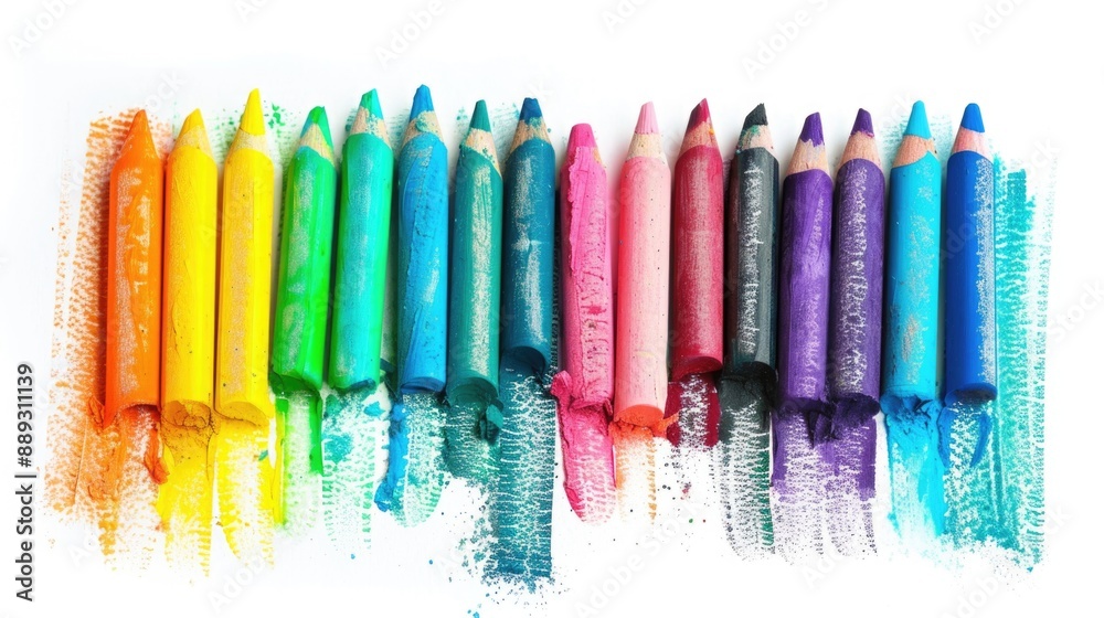 Poster A collection of colorful crayon pencils arranged on a white background