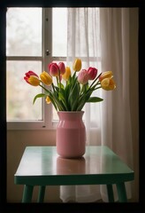 Pink Vase with Yellow and Pink Tulips on Green Table