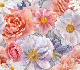 Obraz premium Pastel Garden Soft pastel-colored flowers like roses, chrysanthemum, daisies, and tulips arranged in a seamless pattern, watercolor 