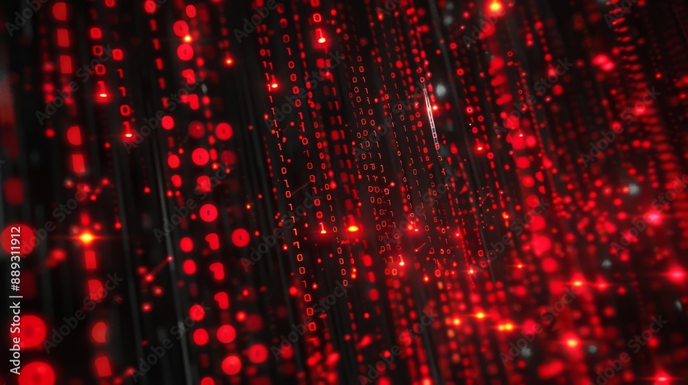 Poster Red binary code flowing down in a digital stream.