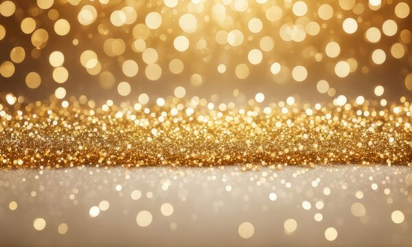 Ethereal Gold Bokeh Background with Glittering Particles. New year, birthday, holidays celebration.