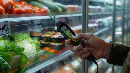 An inspector using a digital thermometer to check the temperature of food items in a supermarket's cold storage area.