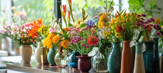 photo of an elegant modern room filled with an abundance of vases filled with garden flowers