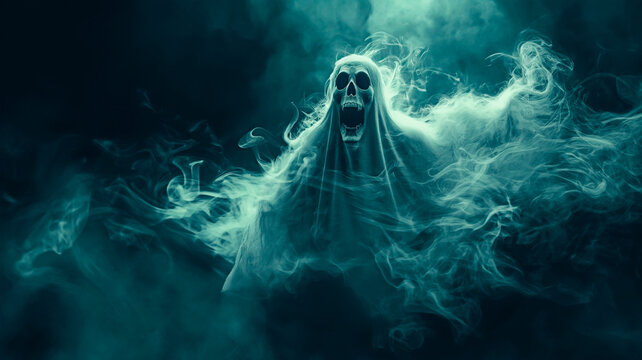 A creepy ghoul screaming in the darkness. Terror or Halloween background with frightening poltergeist isolated on black background.
