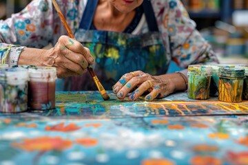 The kite designer is seen painting intricate patterns on a kite's fabric. The vibrant colors and detailed designs reflect the artist's creativity and skill. Various paints, brushes, and reference
