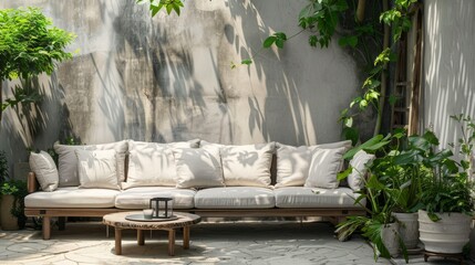 Minimalist atmosphere with green leafy plants and simple decoration, highlighting the Scandinavian design of the sofa and table. generative ai