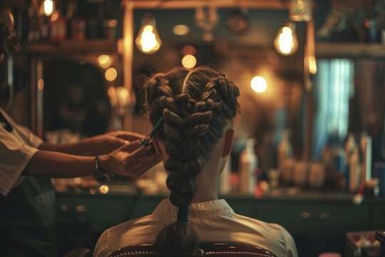In a luxurious salon, a stylish woman flaunts beauty, fashion, and precise grooming with an intricate braided hairstyle, epitomizing femininity and current trends with sophistication