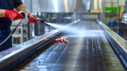 A worker using a sanitizing spray to clean a conveyor belt in a food manufacturing facility. High-resolution, cleanliness, food production hygiene, factory sanitation, hygiene practices