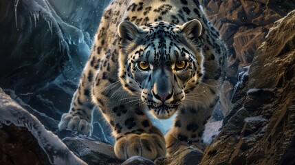 Fototapeta premium snow leopard prowls through a frozen landscape, its piercing eyes scanning the surroundings. This close-up captures the power and beauty of this elusive big cat in its natural habitat.