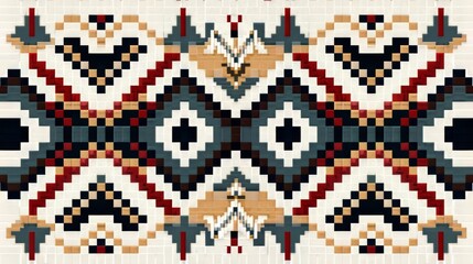 Traditional ethnic geometric cross stitch pattern, using bold lines and intricate designs