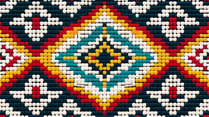 Traditional ethnic geometric pattern in cross stitch, using bold lines and intricate details