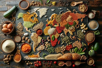 A world map crafted from grains, seeds, and spices on a wooden tabletop surrounded by various culinary ingredients. Generative AI