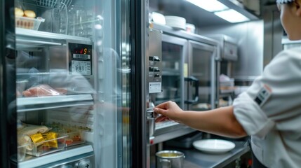 A worker checking the internal temperature of a refrigerator in a restaurant kitchen to ensure food is stored safely. 