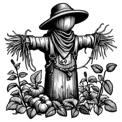 Obraz premium scarecrow standing in a garden with pumpkins and plants, rustic and classic scene sketch engraving generative ai fictional character PNG illustration. Scratch board imitation. Black and white image