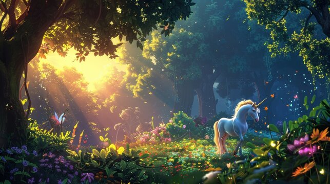 An illustration background depicting a whimsical fantasy forest filled with magical creatures like fairies and unicorns lush greenery and colorful flowers create a vibrant and enchanting atmosphere