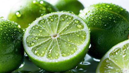 Fresh limes with water droplets in soft sunlight