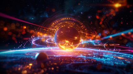 Fototapeta premium AI-Driven Holographic Astronomy Class Showcasing Realistic Simulations of Planets, Stars, and Galaxies