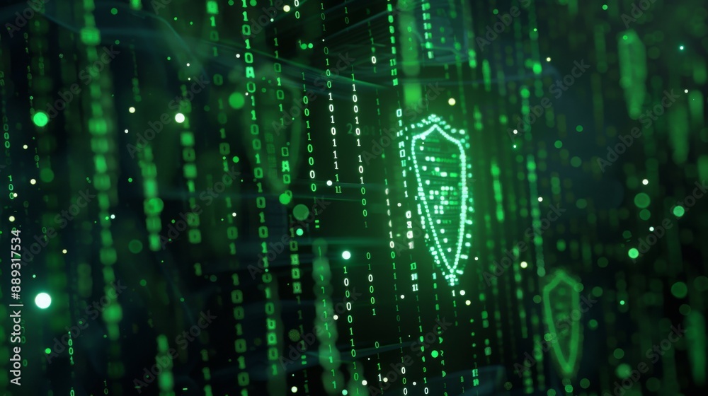 Aufkleber A green digital shield is prominently displayed in the center of a background composed of binary code, with glowing green dots and lines.