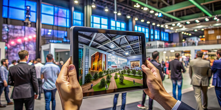 Hands Using Tablet for Virtual Reality Display at Business Event