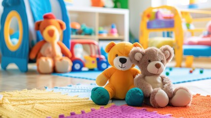 A cute baby playroom background filled with colorful toys, soft plush animals, and a cozy play mat, the bright, cheerful environment creating a safe and fun space for a baby to explore and play
