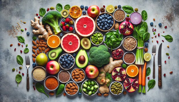 fruits and vegetables on tabble generated by generative ai