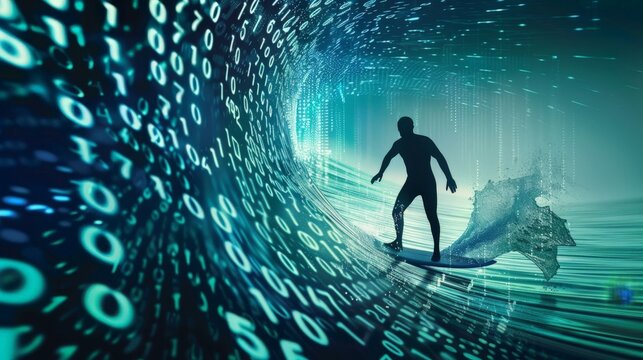 The silhouette of a businessman surfing a wave of binary code represents the challenges of the digital world.