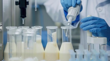 A laboratory technician testing milk samples for contaminants using advanced equipment. HD quality, food safety testing, lab analysis, contamination check, laboratory safety
