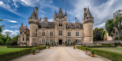 Fototapeta premium Historic Castle Bleisure Destination: Business Conference with a Blend of Medieval Architecture, Modern Luxury, Detailed Decor, and Elegant Business Attire
