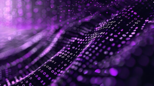 Abstract digital background with a purple wave of binary code and bokeh.