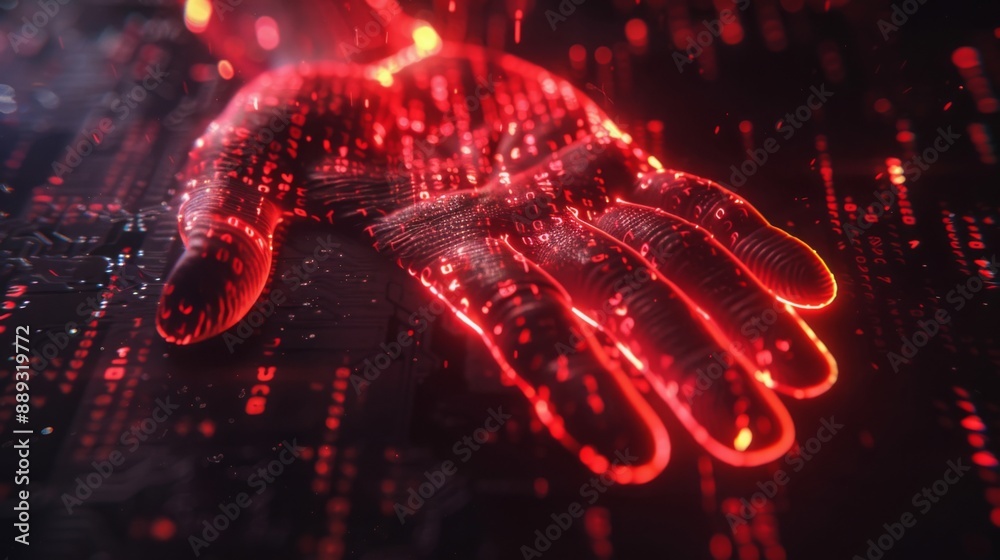 Poster A glowing red hand, composed of digital code, extends towards the viewer, set against a dark background of digital patterns.