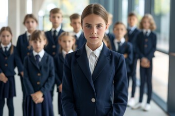 Young Girl in professional attire standing in an office, looking confident. Their serious expressions and the modern setting reflect their focus on future success and leadership.