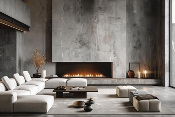 White sofa near fireplace against concrete wall. Loft, minimalist home interior design of modern living room, Generative AI
