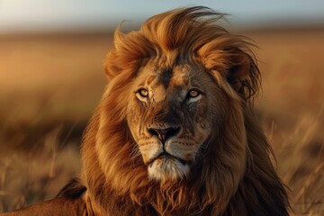 a lion standing in the open savanna, its mane catching the evening breeze. Great for eco-tourism advertisements and educational content about big cats.