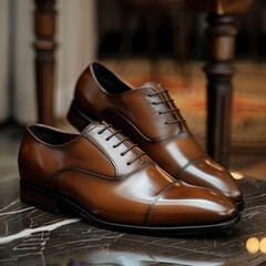 Elegant Dark Brown Leather Dress Shoes for Men, Perfect Father's Day Gift, Exuding Nobility and Exceptional Charm, Ideal for Entrepreneurs and Successful Individuals, 4K High-Resolution Wallpaper, AI-