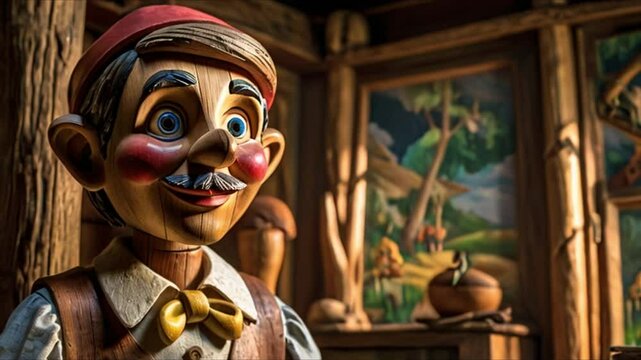 Pinocchio, a wooden puppet, stands tall in a beautiful scene. His carved features look almost real, with detailed joints and woodgrain. The painting captures the essence of a fairy tale character.
