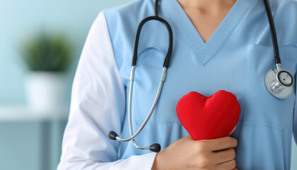 A woman wearing a blue scrubs shirt is holding a red heart