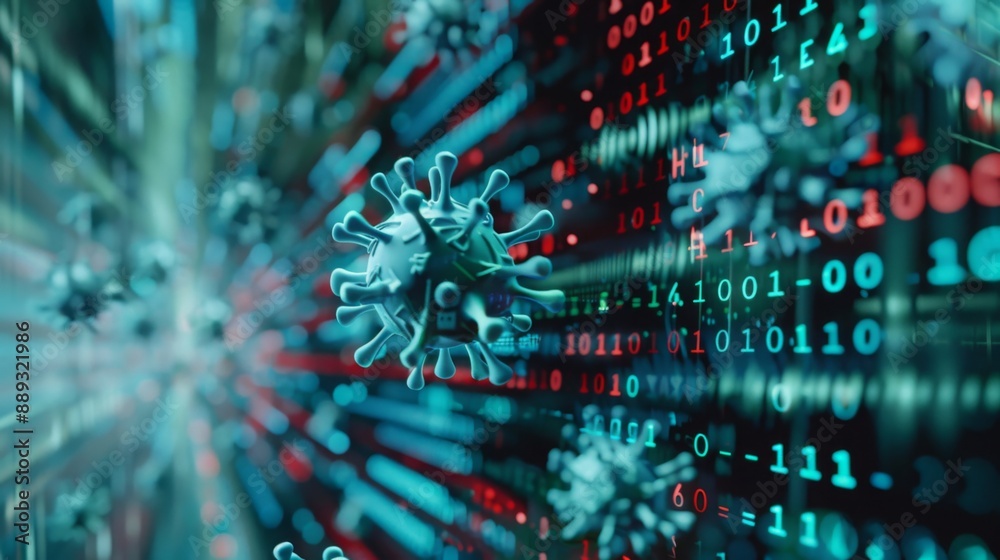 Aufkleber A close-up of a digital representation of a virus, floating against a background of binary code, suggesting the spread of cyber threats or malware.