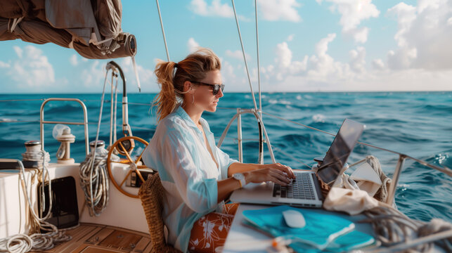 High-End Bleisure Traveler in Designer Outfits Enjoying Private Sailing Adventure with Opulent Decor and Breathtaking Ocean Views While Typing on Laptop