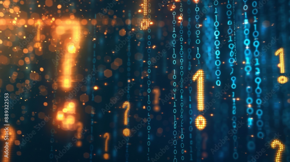 Poster A digital background with rows of binary code in blue and gold question marks scattered across the screen.