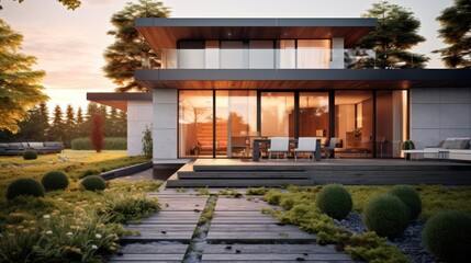 Modern House with Patio and Lawn at Sunset