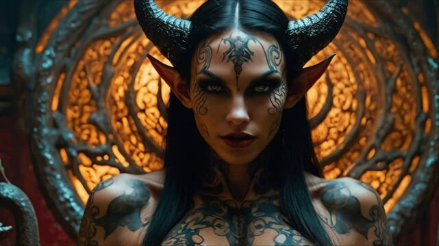A seductive and dangerous succubus with dark skin, golden eyes and sharp teeth. She is in a beautiful painting with stunning detail and colours. The image shows her arms, the mist around her