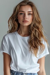 Fototapeta premium White tshirt mockup on woman model created with Generative AI