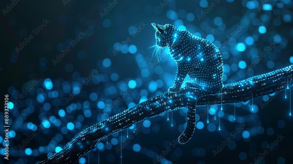 Poster a digital cat sits on a glowing branch, surrounded by blue bokeh lights.