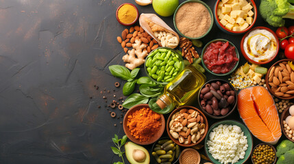A collection of diverse foods from around the world arranged beautifully on a table, representing global culinary diversity. 