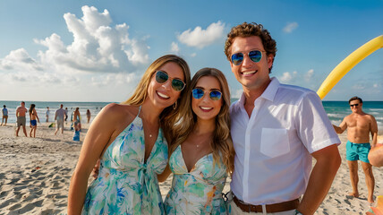 Happy friends at beach party summer day casual vacation crowd in background