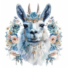 A captivating watercolor illustration of a llama dressed in a midnight-themed costume