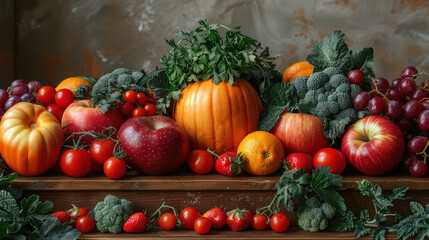 A variety of fresh fruits and vegetables are arranged on a wooden table. 