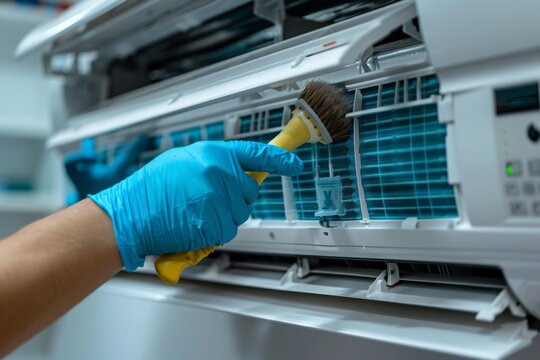 Close-up of hand in blue glove cleaning white air conditioner filter with brush. Blue mesh material