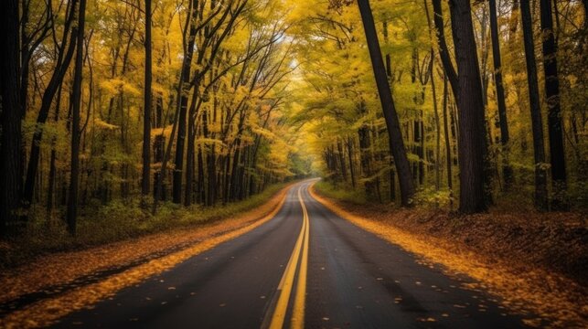 Autumn Road Through Forest